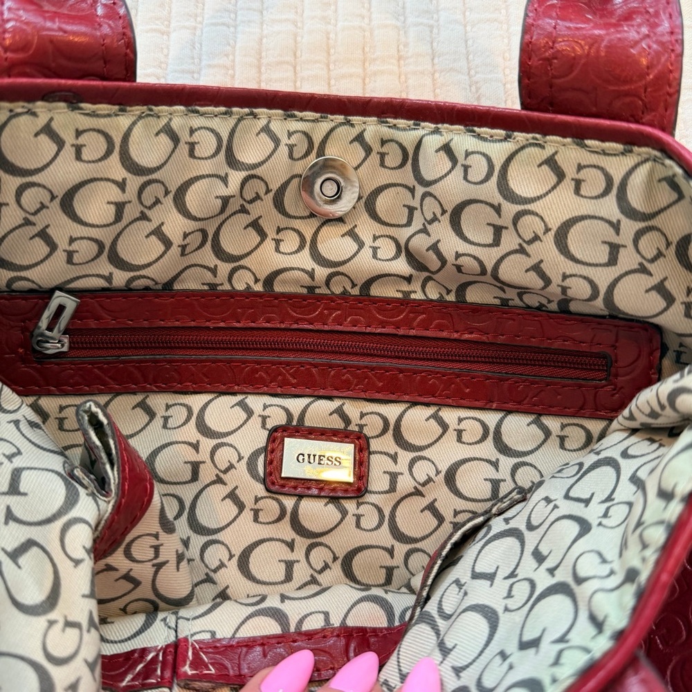 GUESS Y2K Burgundy Monogram Hand Bag Signature Silver Triangle Rhinestone Logo - Picture 12 of 15
